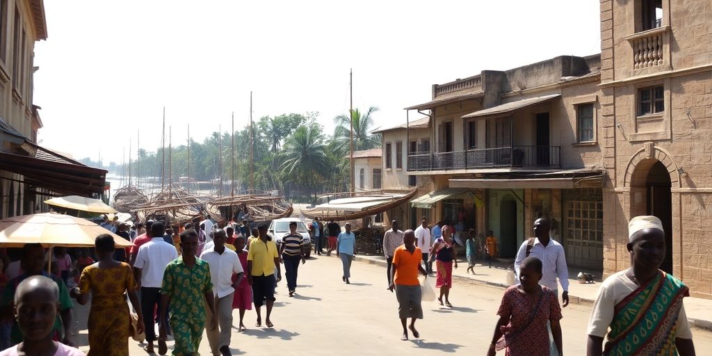 Bagamoyo street with historical buildings and local life.
