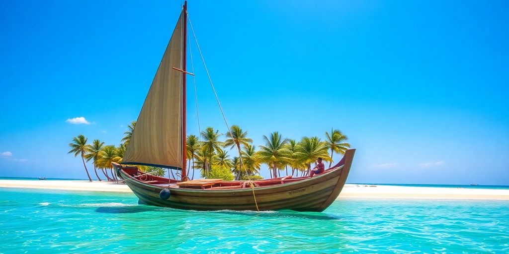 Zanzibar dhow sailing turquoise ocean near white sand beach.
