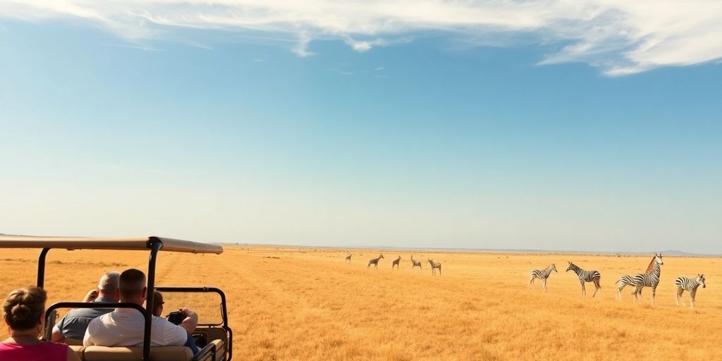 Safari vehicle and wildlife on a vast savanna.