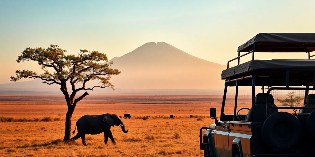 Safari jeep, acacia tree, Kilimanjaro, elephant, vast savanna.