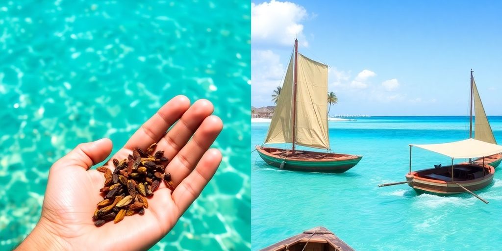 Colorful dhows sail clear turquoise Zanzibar waters.