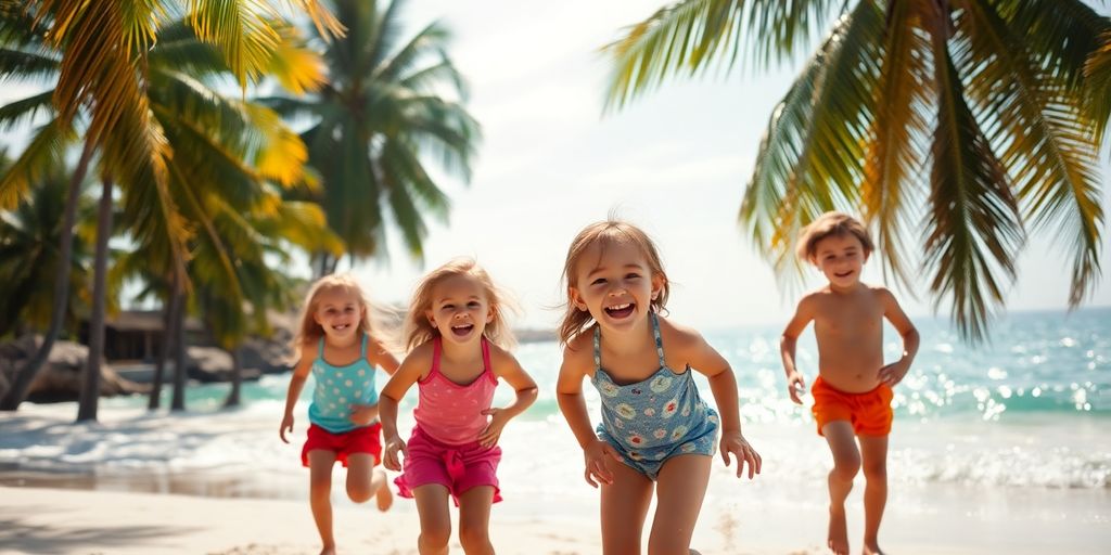 Kids playing on sandy beach with palm trees.