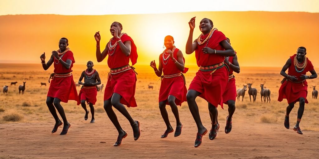Vibrant Maasai dancers, traditional attire, African savanna, golden sunset light.