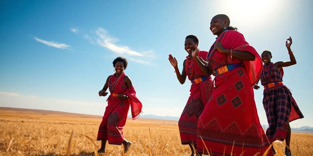 Maasai women dancing, vibrant colors, African landscape.
