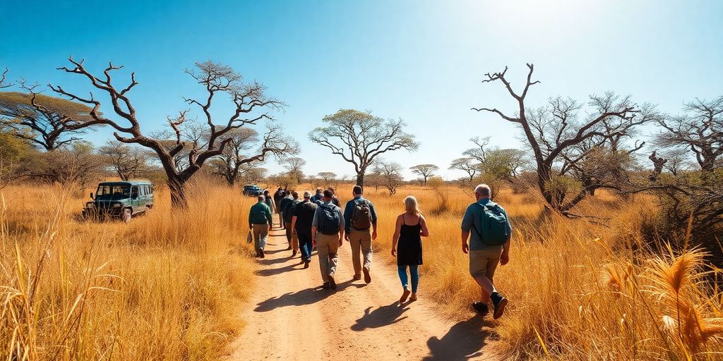 Tourists walking on a safari path in Tanzania.