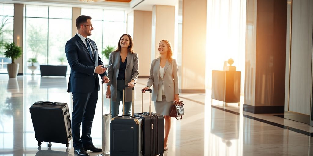Concierge assists travelers in a luxurious hotel lobby.