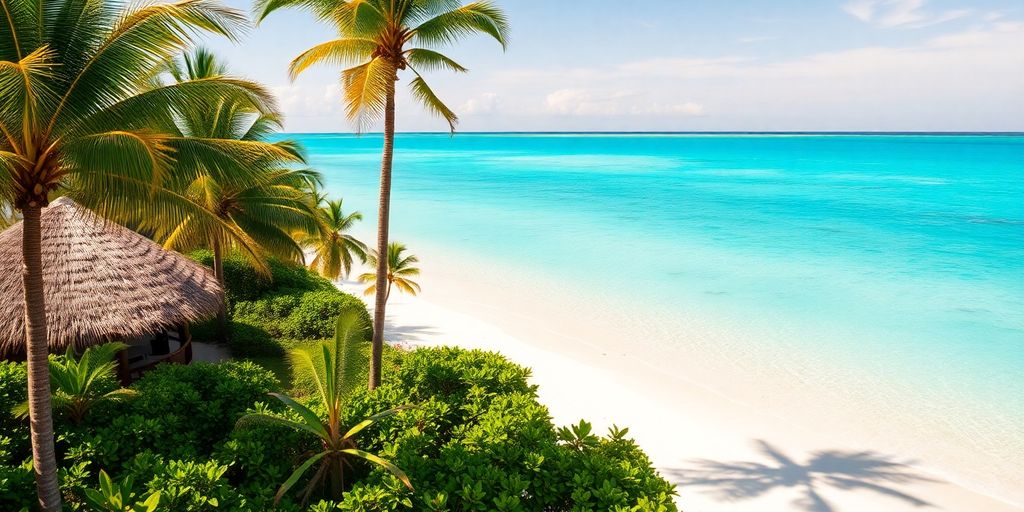 Tanzanian beach resort with white sand, turquoise ocean, and palm trees
