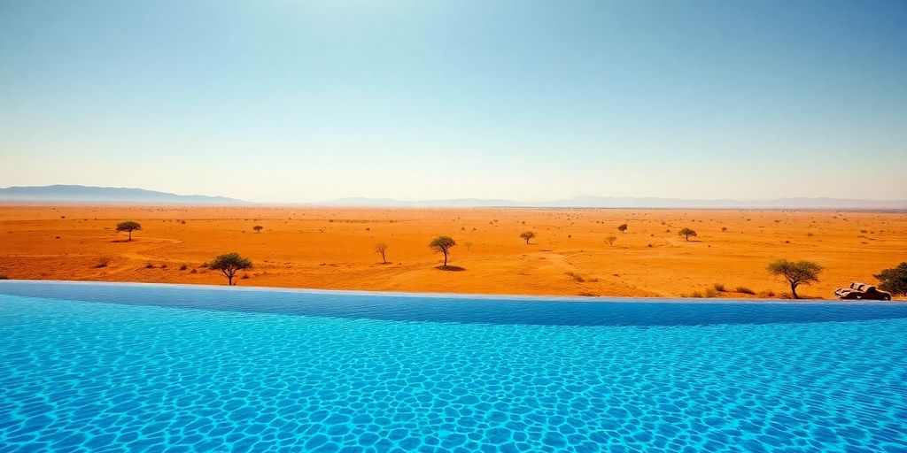Luxury safari lodge pool overlooking Tanzanian savanna landscape.