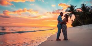 Romantic couple embracing on Zanzibar beach at sunset.
