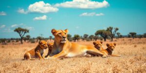 Lioness and cubs on African savanna.