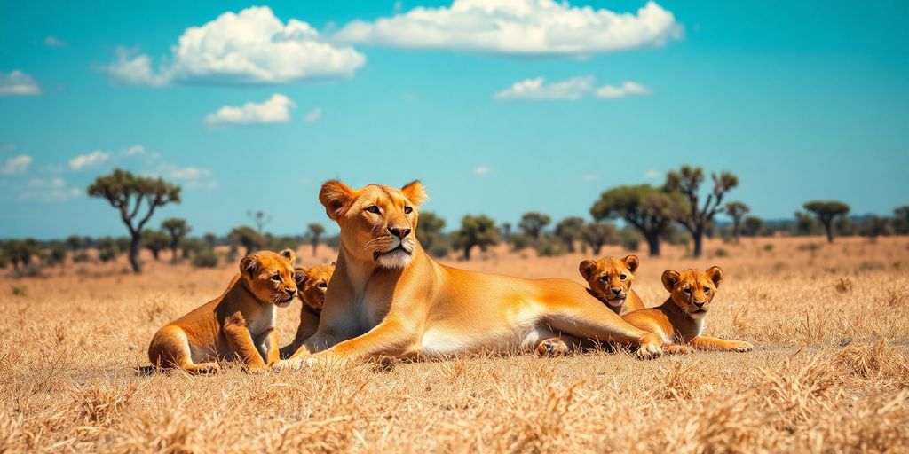 Lioness and cubs on African savanna.