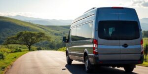 White shuttle van driving on paved road through Tanzanian landscape.