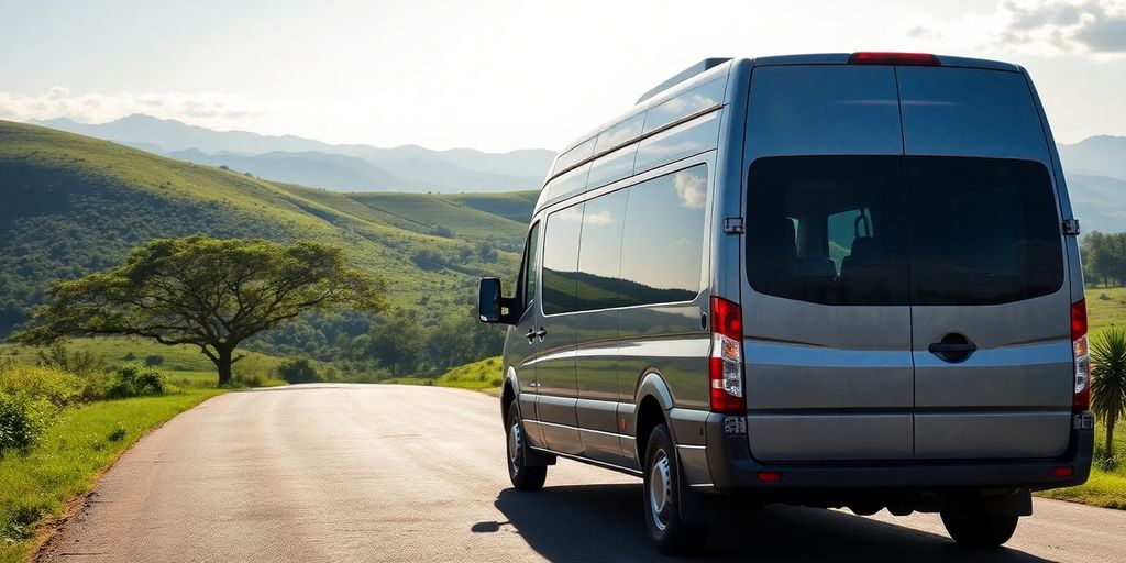 White shuttle van driving on paved road through Tanzanian landscape.
