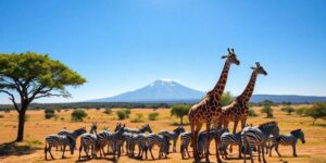 Giraffes and zebras near Kilimanjaro.