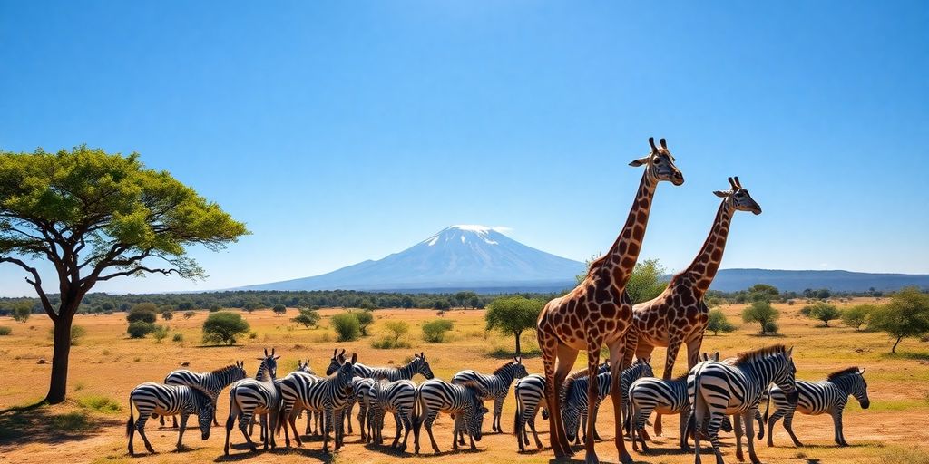 Giraffes and zebras near Kilimanjaro.