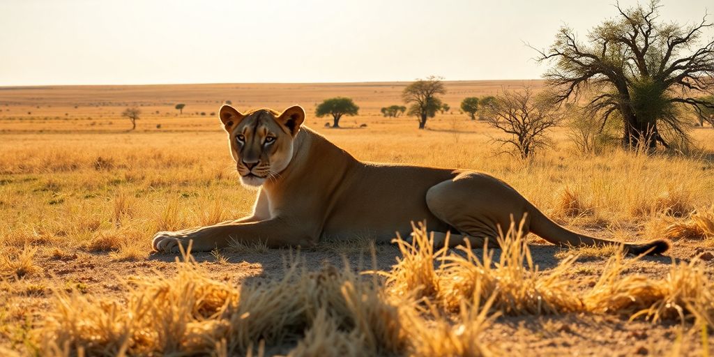 Lioness and cub on savanna.