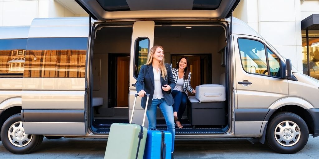 Hotel guests loading luggage onto shuttle.