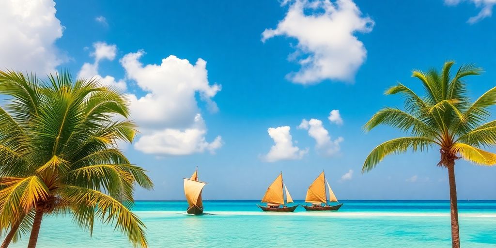 Dhows sailing near palm-fringed beach
